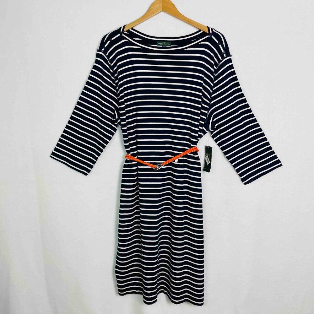 Lauren Ralph Lauren Navy and White Striped Midi Dress with Orange Belt